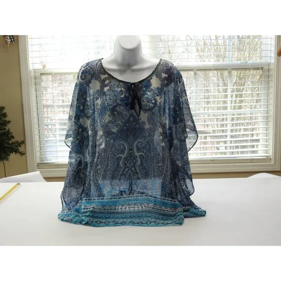 Chicos Blue Paisley Sheer Boho Blouse Size S M Tassel Tie Top Katran - Picture 10 of 11